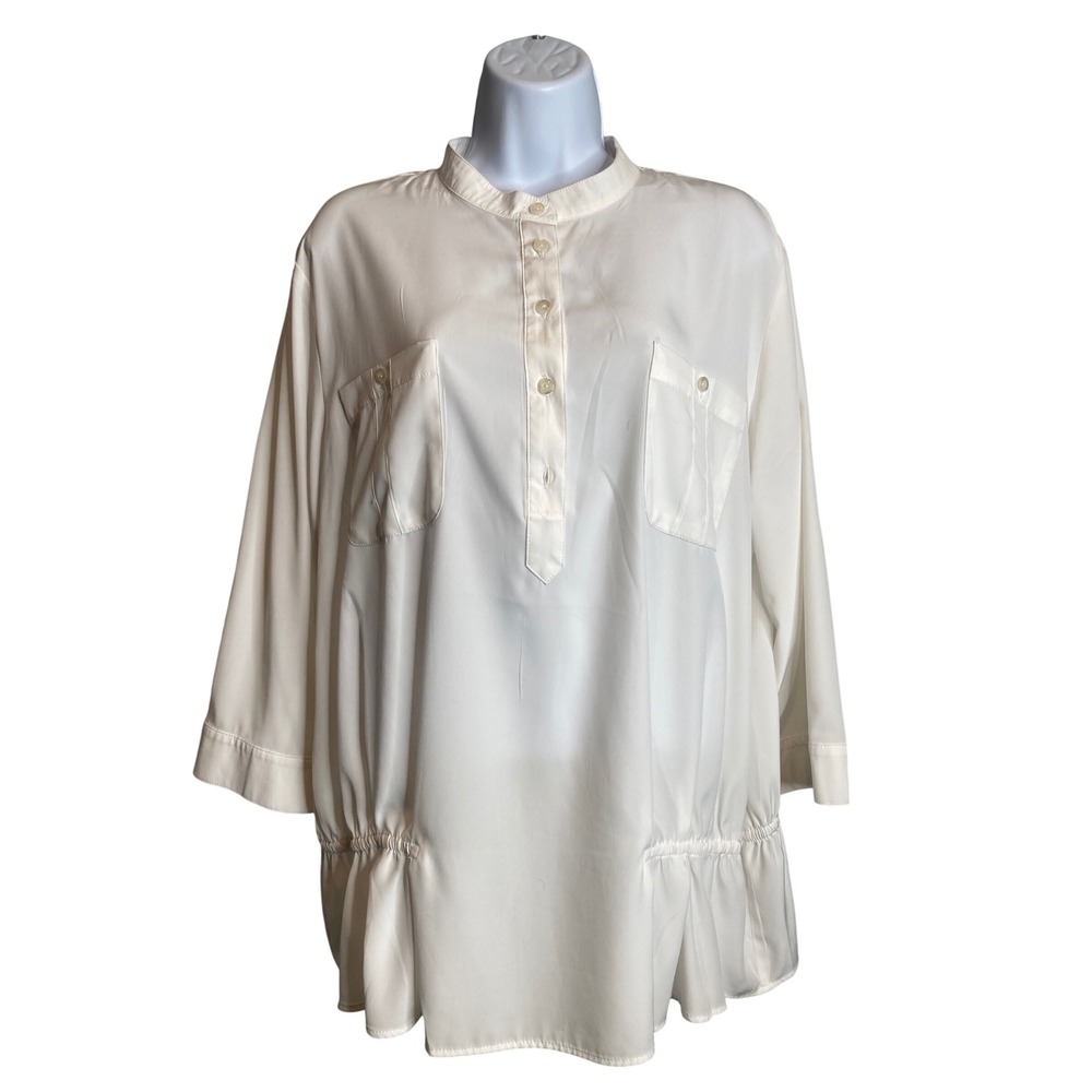 Chico's Womens White Popover Drawstring Hem Blouse Sz 3 XL Coastal Classic